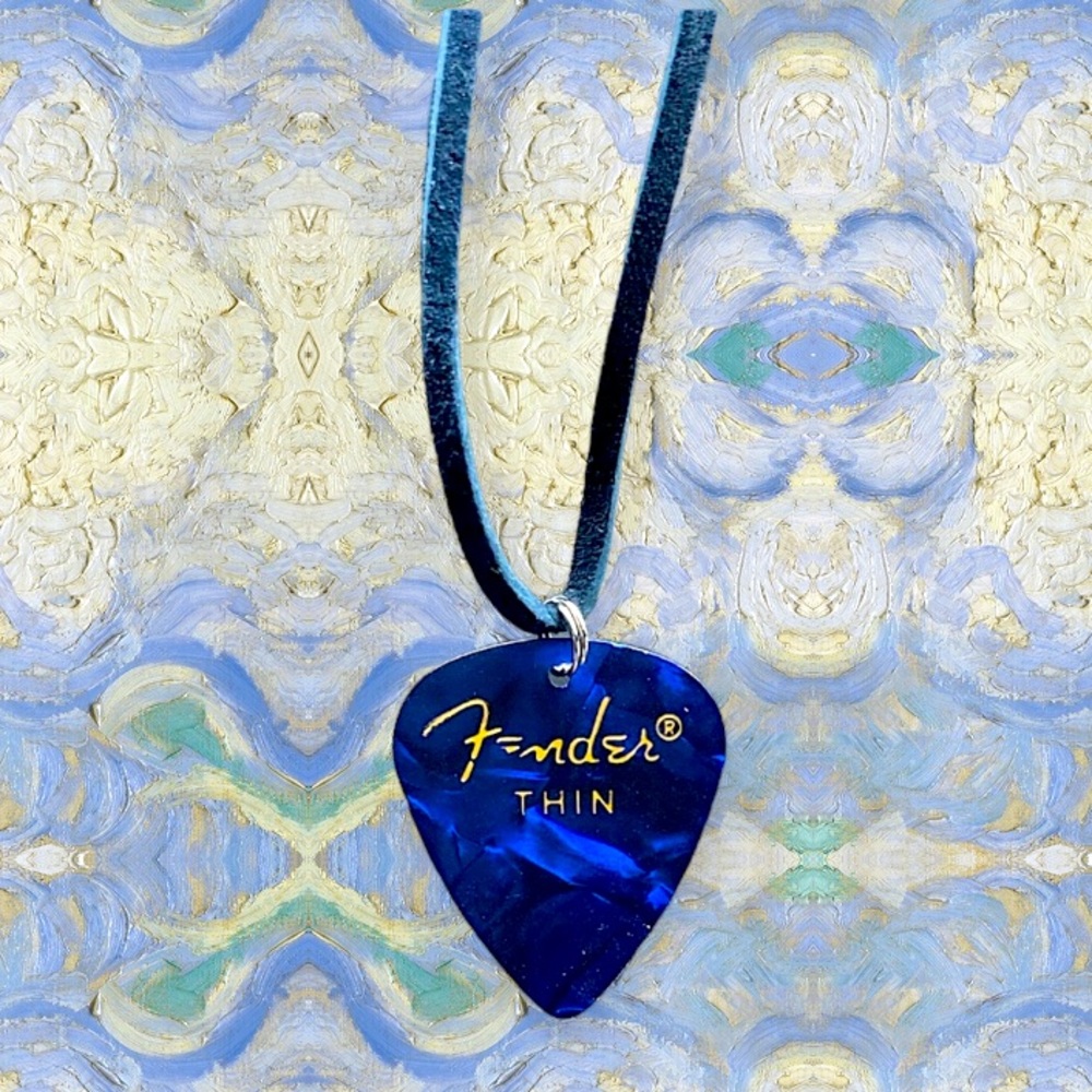 Cobalt Blue Guitar Pick Necklace Suede Cord Pearlescent Unisex New